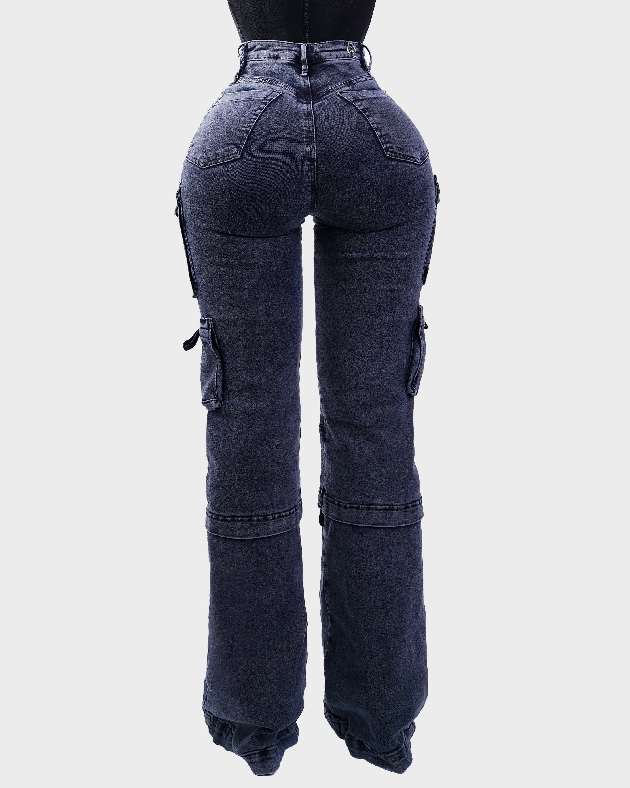 High Waist Multi Pocket Vintage Washed Flare Cargo Jeans - By Qivii