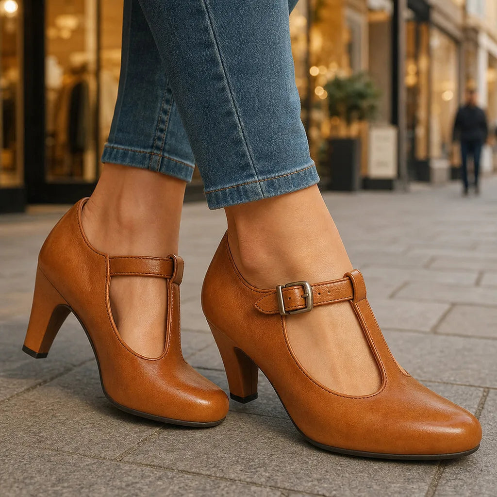Yellow Winifred women's classic Mary Jane heels by Hudson Ridge, stylish women's footwear with a sleek design.