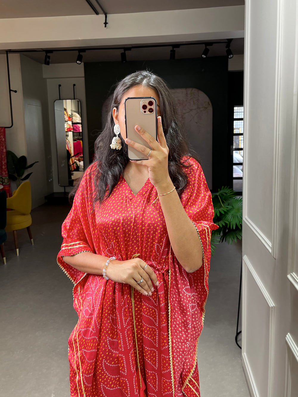 Red Color Digital Bandhej Printed Gaji Silk Kaftan - qivii