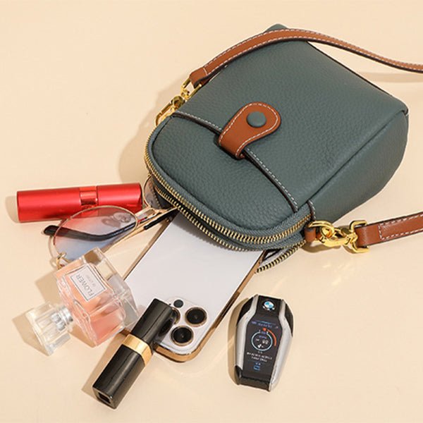 Women's Small Cowhide Leather Mobile Phone Crossbody Bag - By Qivii