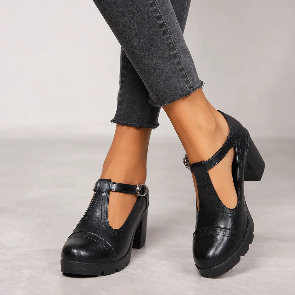 Black Woodward women's orthopedic block-heel Mary Jane shoes with supportive straps and comfortable design.