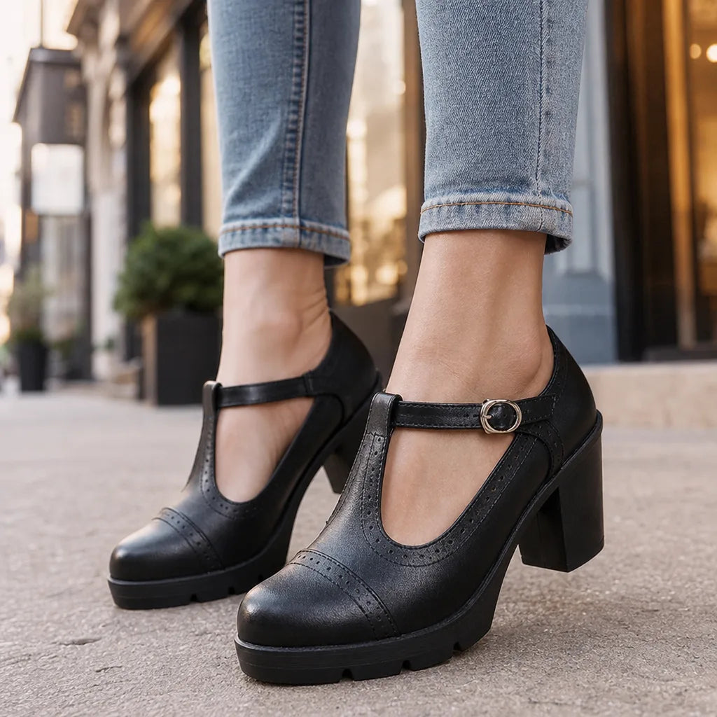 Black Woodward women's orthopedic block-heel Mary Jane shoes by Hudson Ridge, featuring comfortable design and classic style.