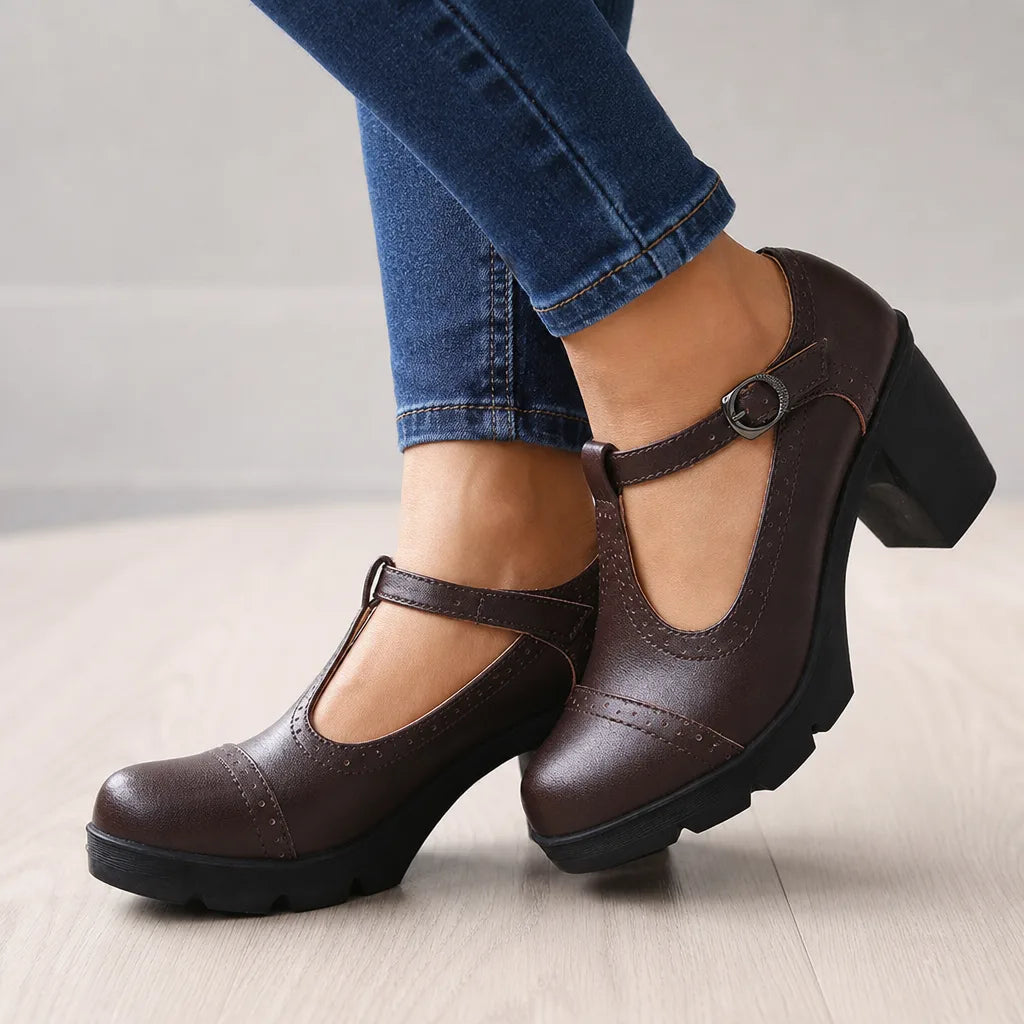 Dark brown Woodward women's orthopedic block-heel Mary Jane shoes with adjustable straps and comfortable design by Qivii.