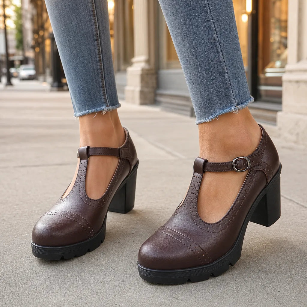 Dark brown Woodward women's orthopedic Mary Jane shoes with block heels, designed for comfort and support by Qivii.