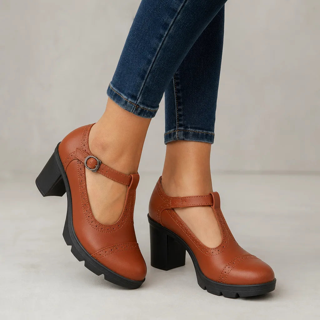 Light brown Woodward women's orthopedic Mary Jane shoes with block heels, designed for comfort and support.