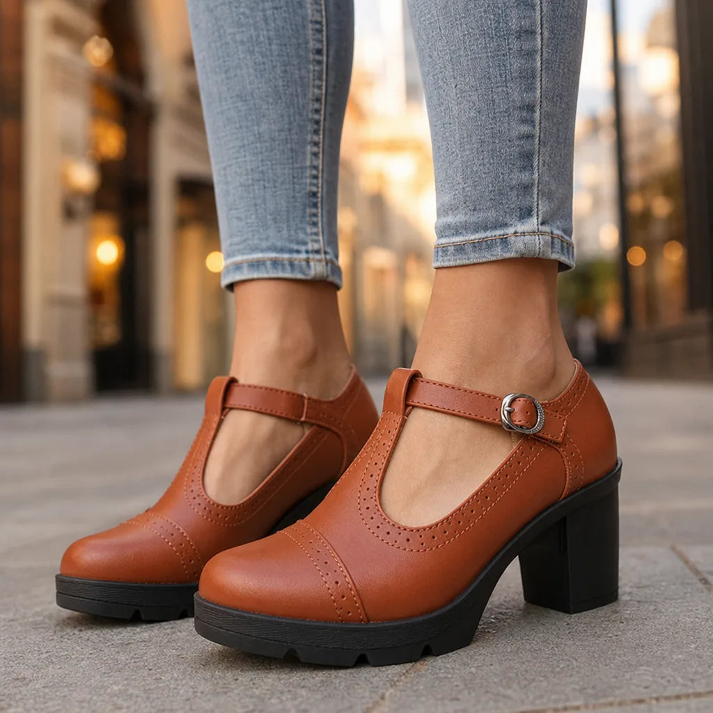 Light brown Women's orthopedic block-heel Mary Jane shoes by Hudson Ridge, featuring comfortable design and classic style.