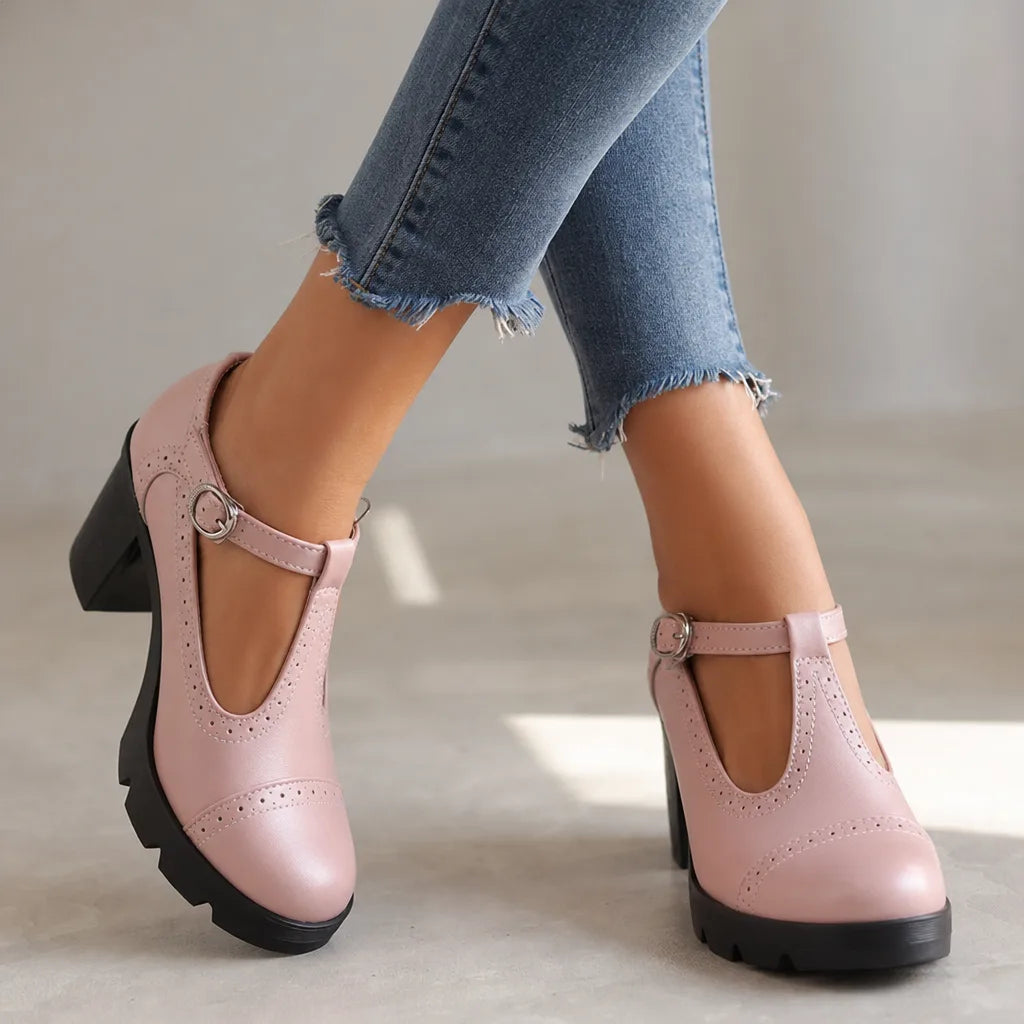 Pink Woodward women's orthopedic Mary Jane shoes with block heels, designed for comfort and style by Qivii.