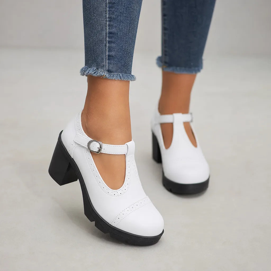 White Woodward women's orthopedic block-heel Mary Jane shoes by Hudson Ridge, featuring supportive design and classic style.