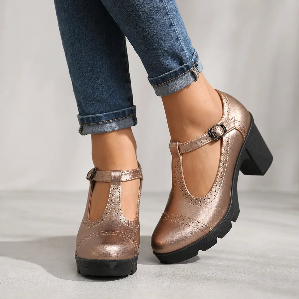 Yellow women's orthopedic block-heel Mary Jane shoes by Hudson Ridge, featuring comfortable strap and stylish design.