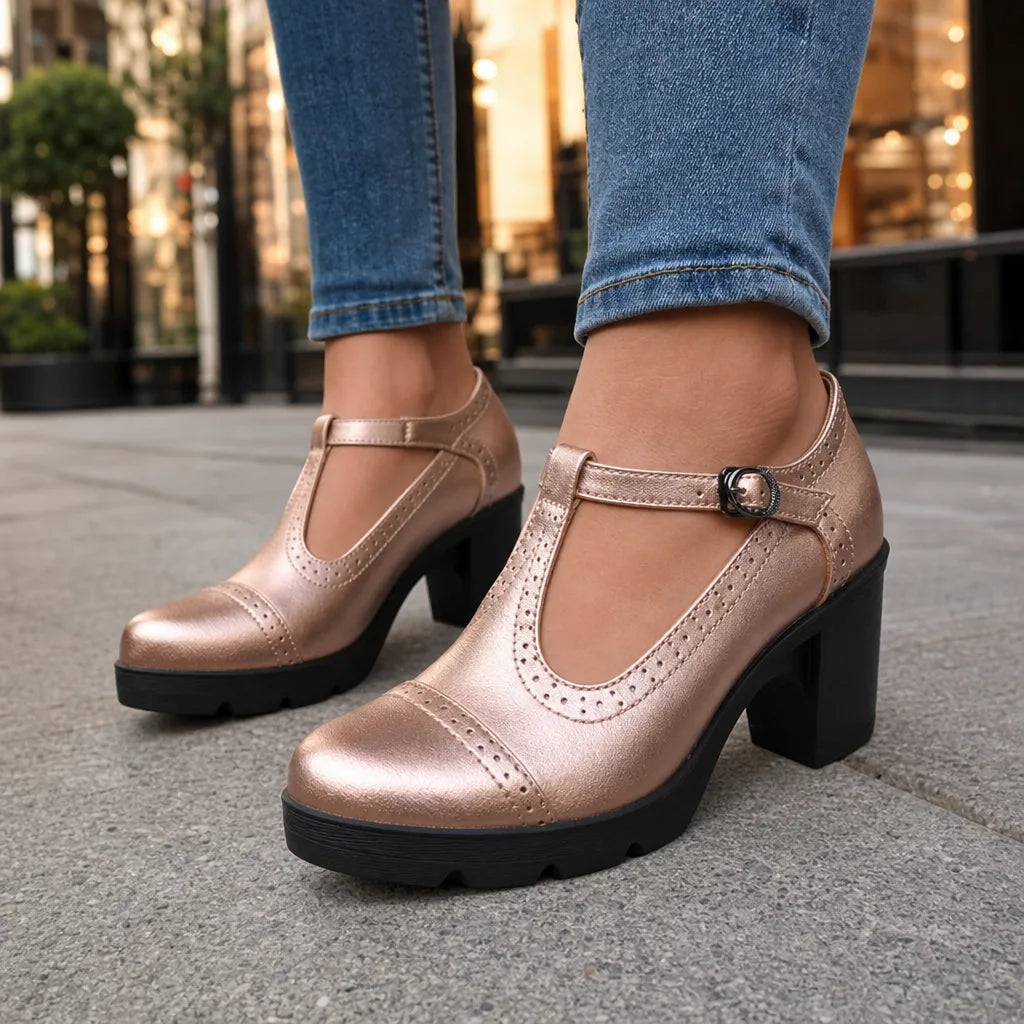 Yellow Woodward women's orthopedic block-heel Mary Jane shoes by Hudson Ridge, featuring comfortable footwear with supportive design.