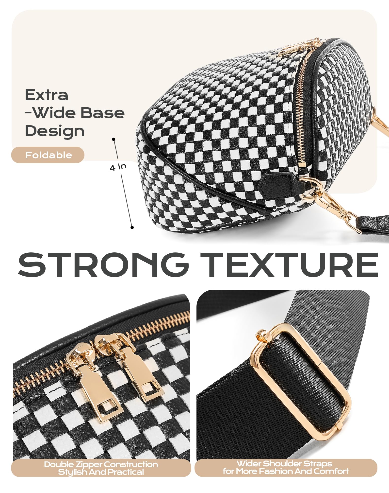 Ounamei Woven Checkered Crossbody Bum Bag | Trendy PU Leather Belt Bag with Adjustable Strap, Stylish & Versatile Everyday Companion