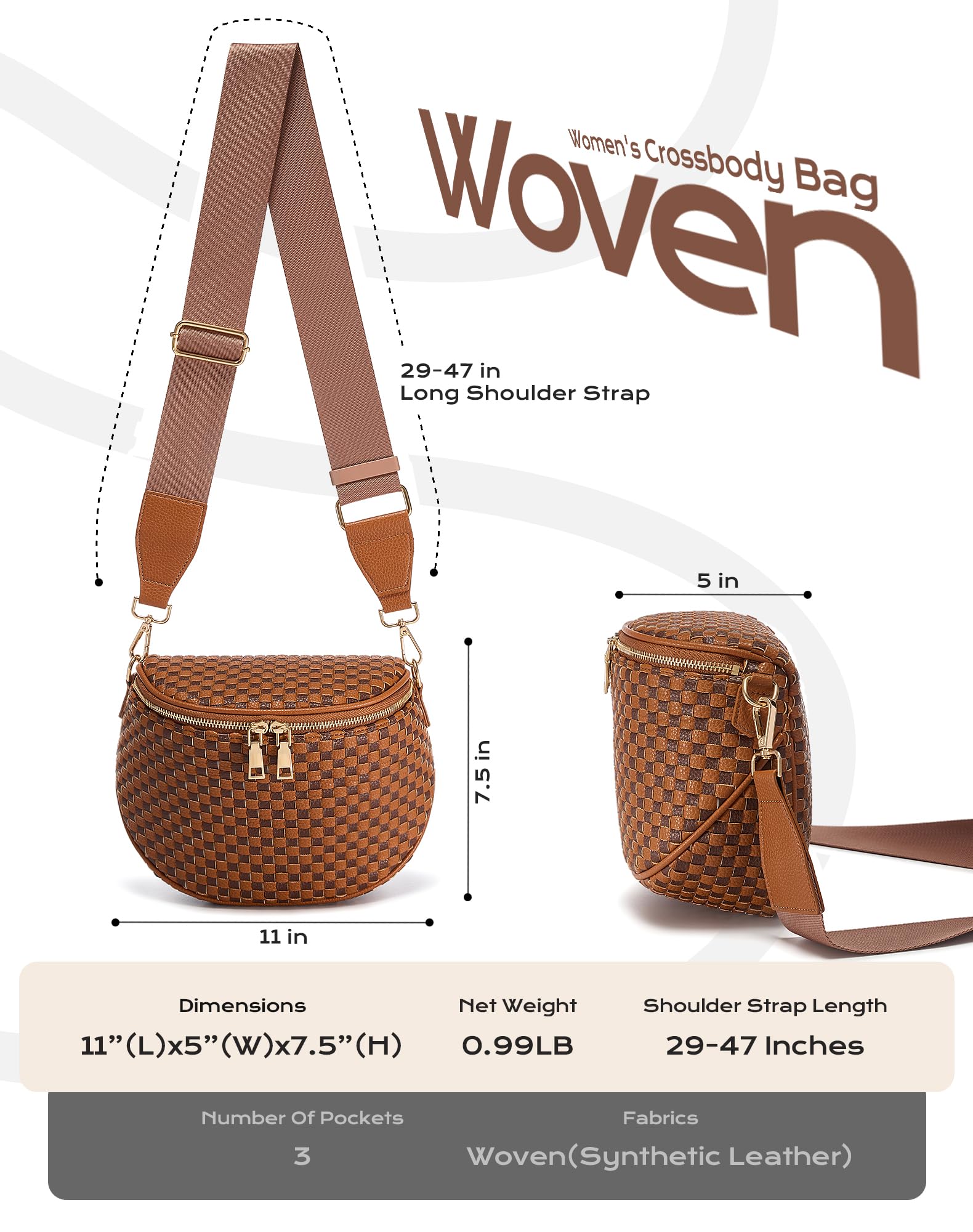 Ounamei Woven Checkered Crossbody Bum Bag | Trendy PU Leather Belt Bag with Adjustable Strap, Stylish & Versatile Everyday Companion