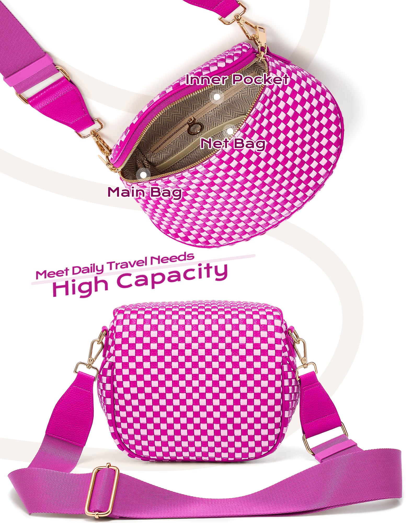 Ounamei Woven Checkered Crossbody Bum Bag | Trendy PU Leather Belt Bag with Adjustable Strap, Stylish & Versatile Everyday Companion