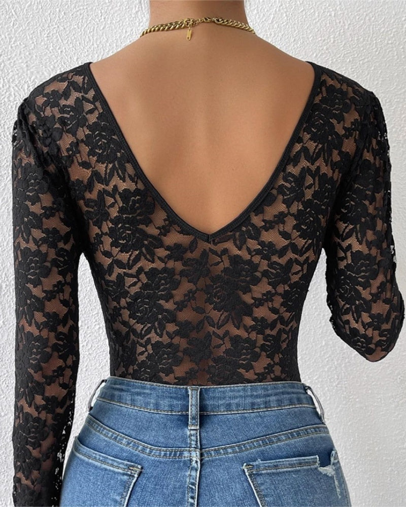 Floral Lace Sheer Long Sleeve Bodysuit V Neck Slim Fit Thong Body Shaper - By Qivii