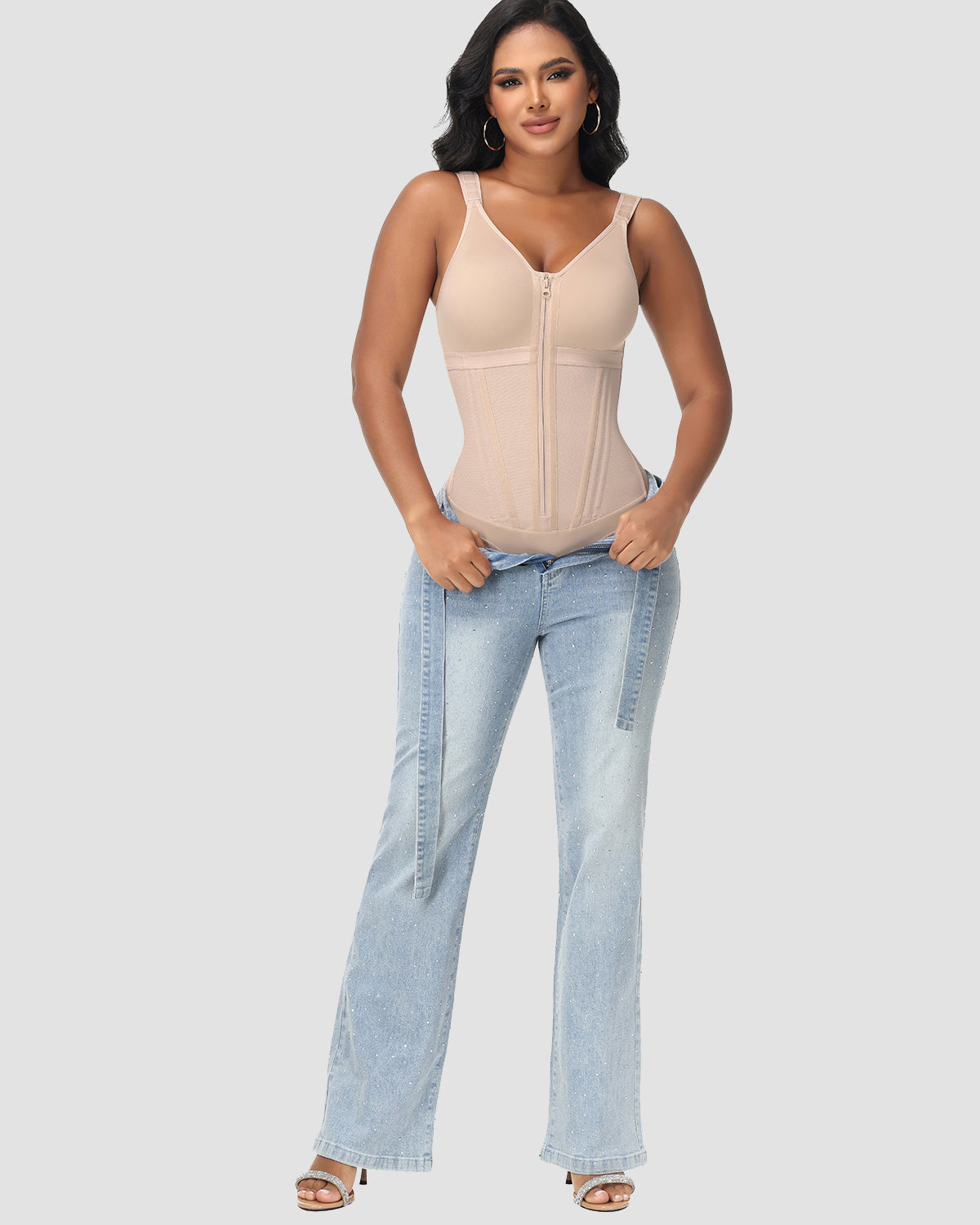 Double-Layer PowerMesh Hourglass Tummy Sculpt Zipper Bodysuit With Bra