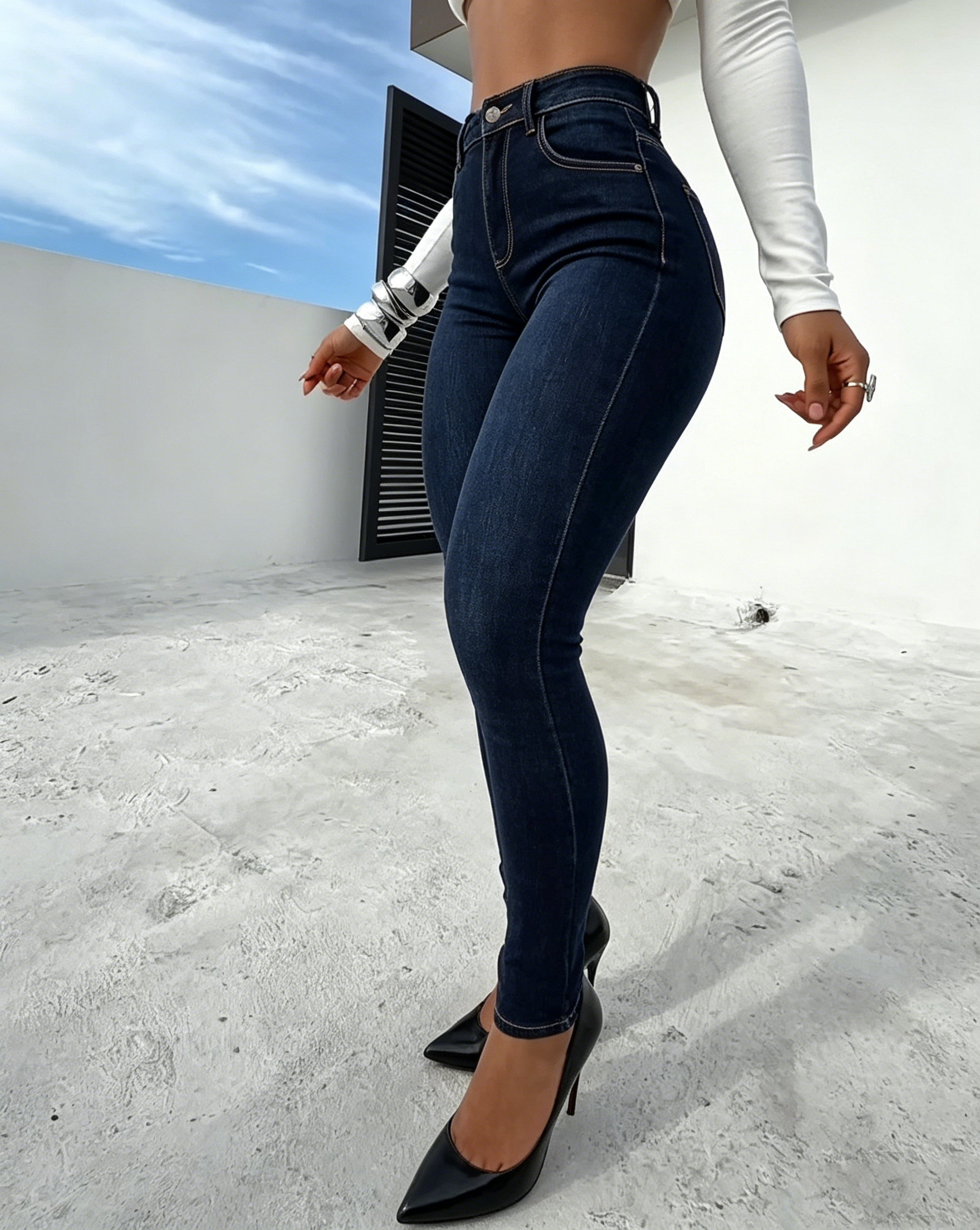 High Waist Stretch Dark Wash Butt Lifting Skinny Denim Jeans - By Qivii