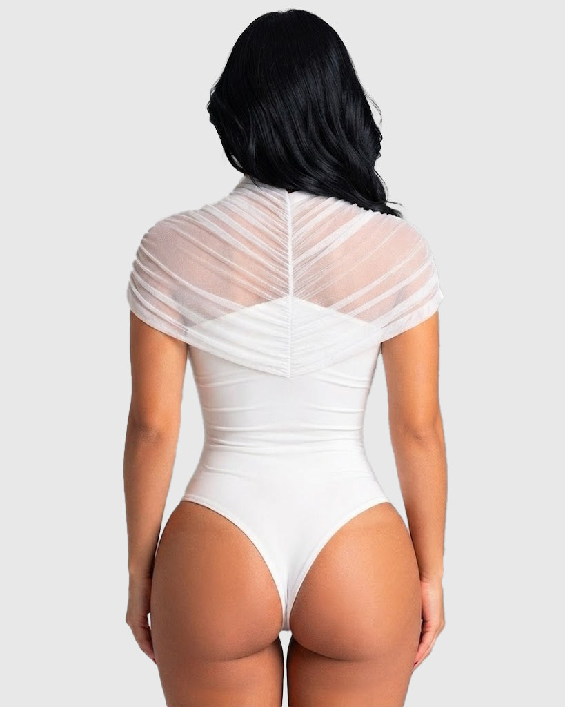 Sheer Mesh High Neck Twist Front Cutout Bodysuit - By Qivii