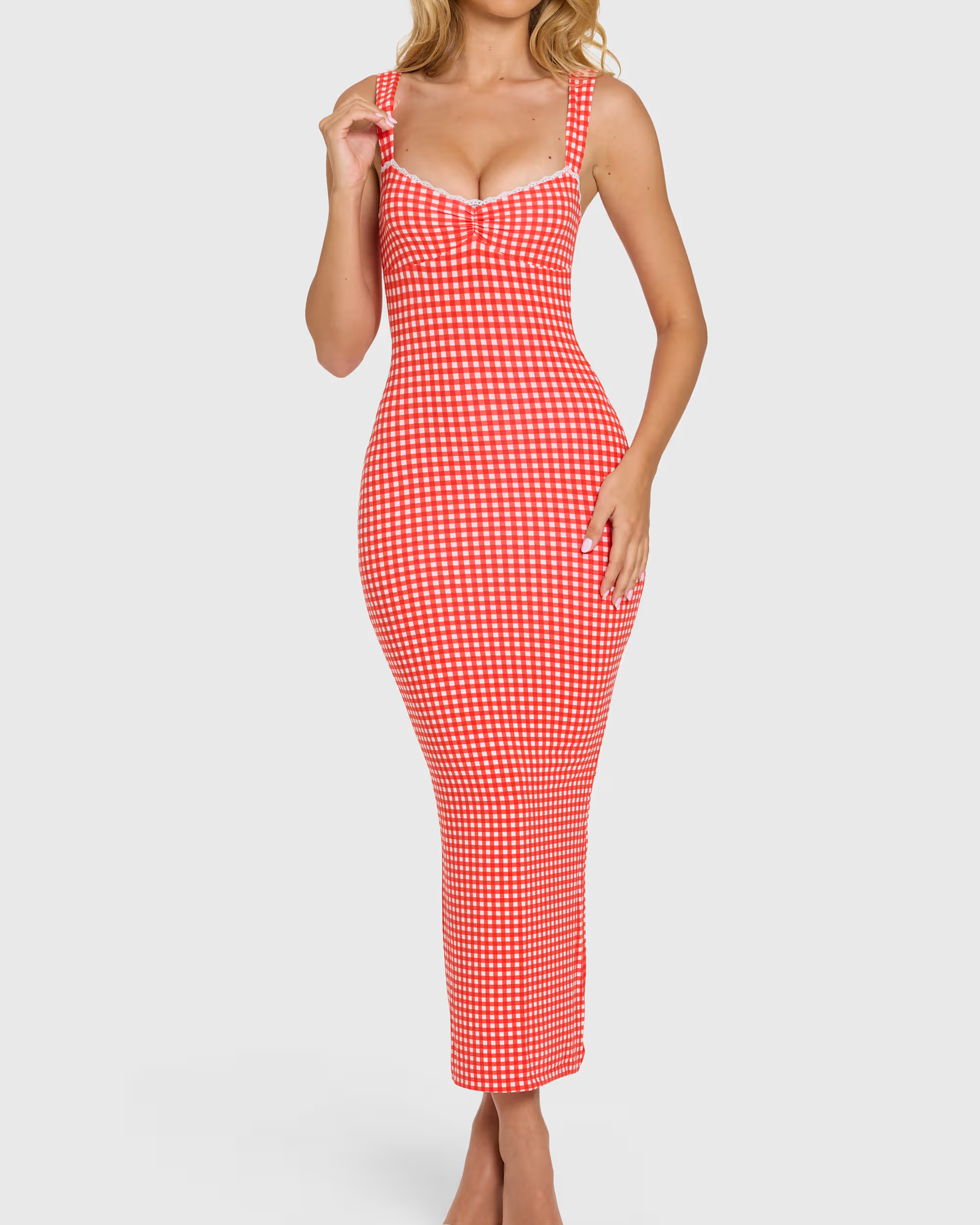 Lace-trim Midaxi Dress in Red Gingham - By Qivii