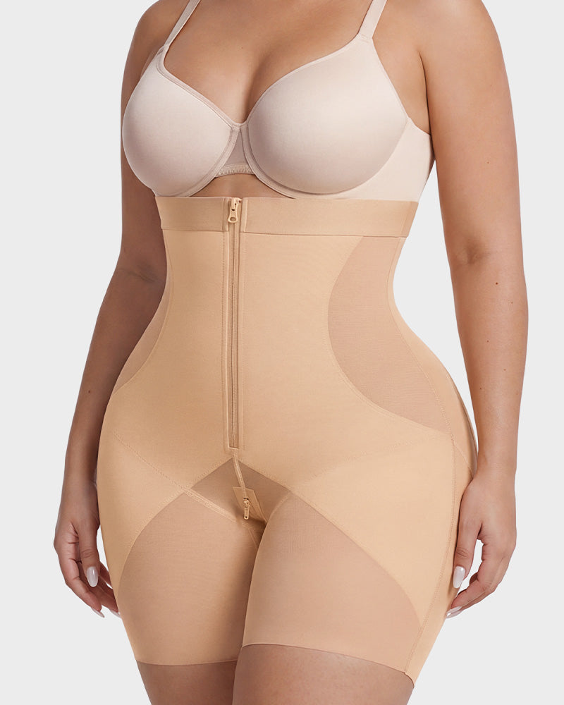 High Waist Zipper Tummy Control Butt Lifting Mid Thigh Mesh Shapewear Shorts