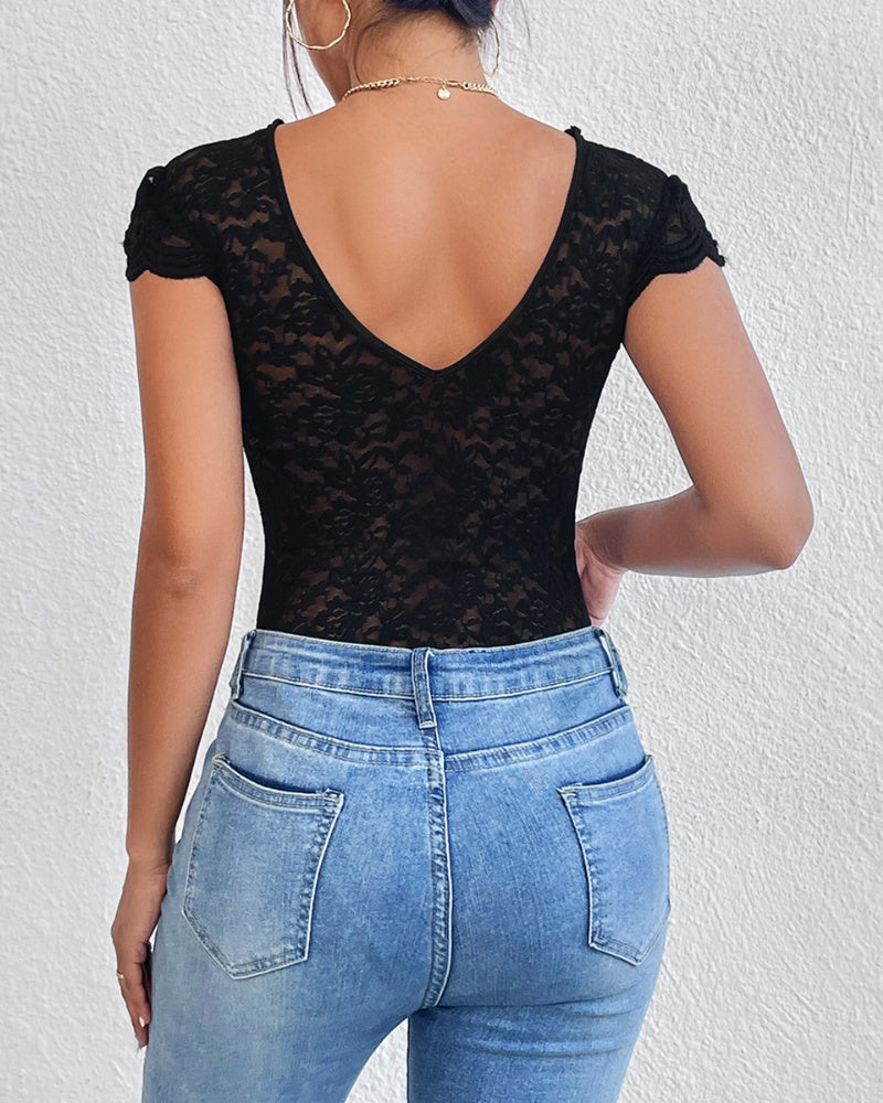 Sexy Deep V Neck Lace Short Sleeve Bodysuit One Piece Slim Fit Body Shaper