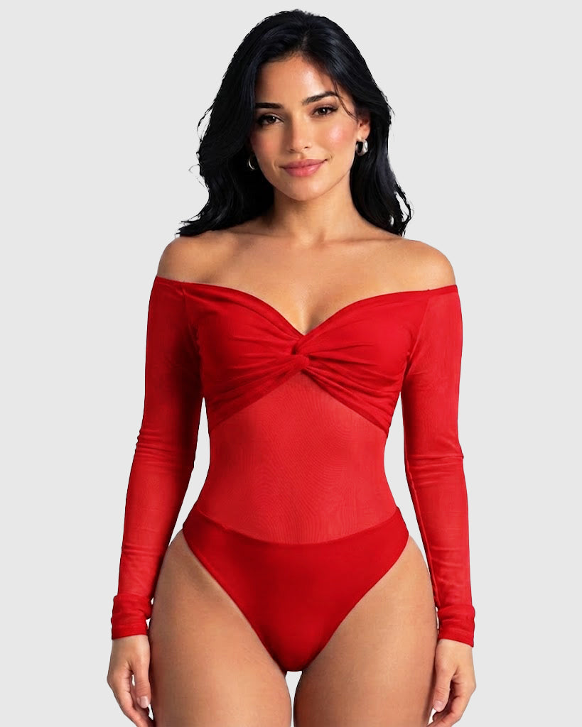 Off Shoulder Twist Front Mesh Long Sleeve Bodysuit - By Qivii