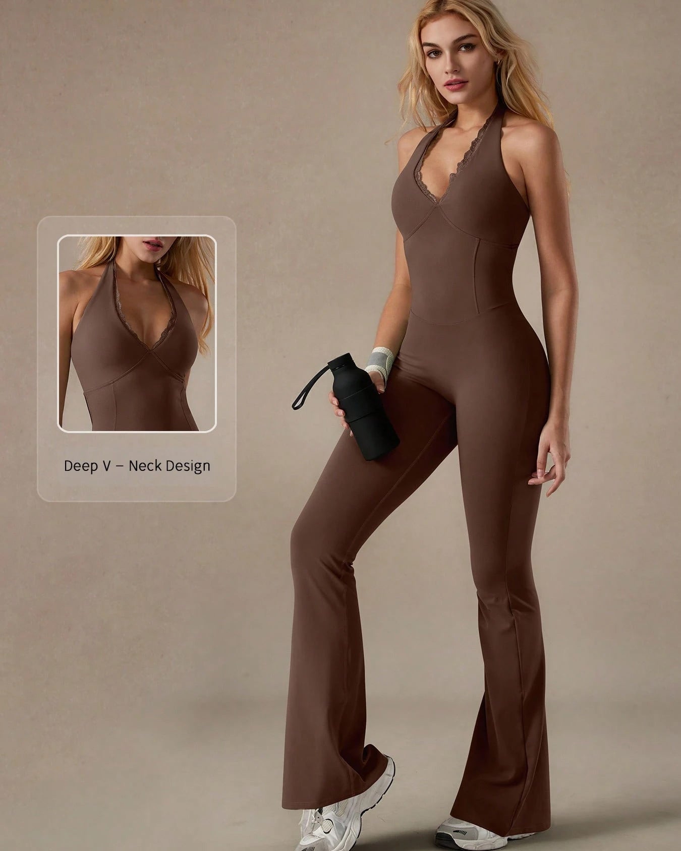 V-neck Lace-trimmed Halter Neck Yoga Sports Fitted Jumpsuit - By Qivii