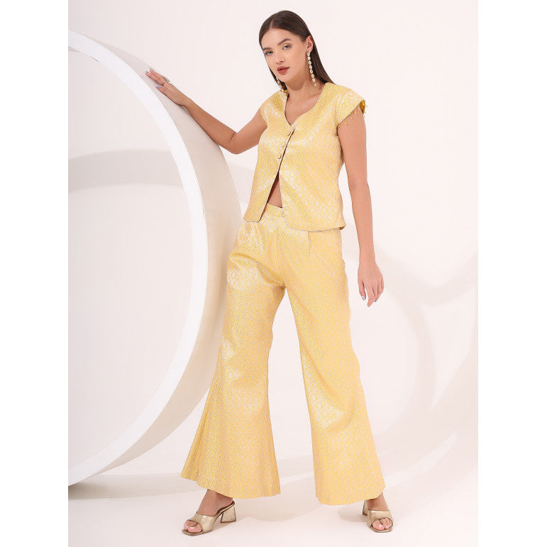 Yellow Brocade Cap Sleeve Co-Ord Set - qivii
