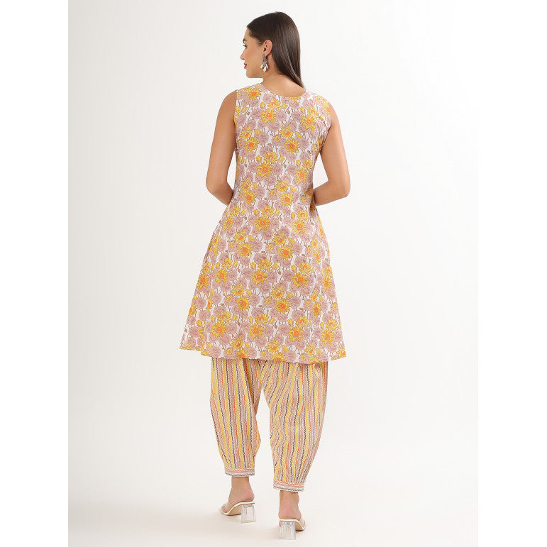 Sunlit Floral Print Sleeveless Kurta Set - qivii