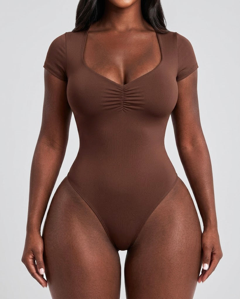 Short Sleeve Square Neck Front Ruched Hourgflass Bodysuit - By Qivii
