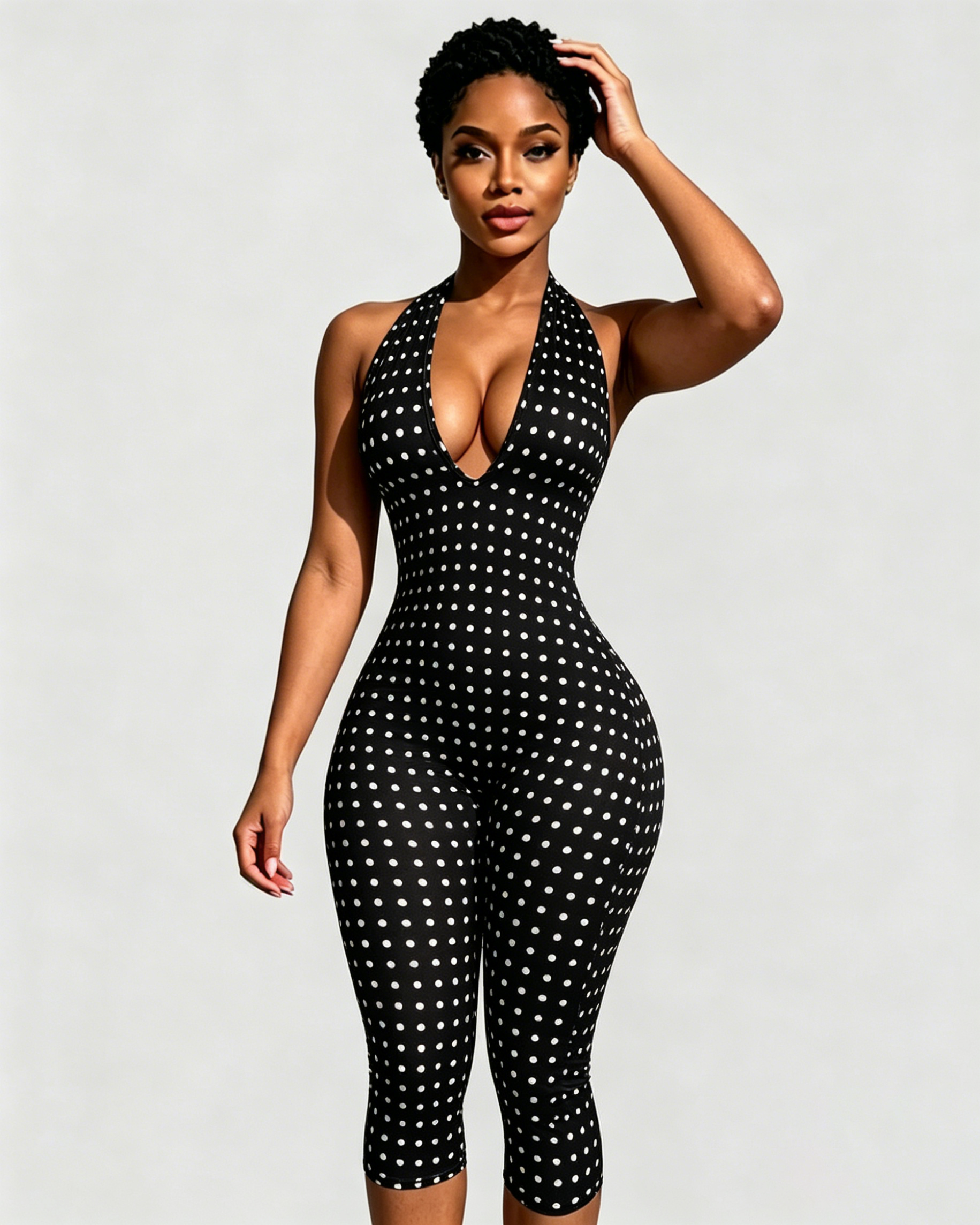 Hourglass Halter V Neck Backless Butt Lifting Capri Jumpsuit In Polk Dot - By Qivii