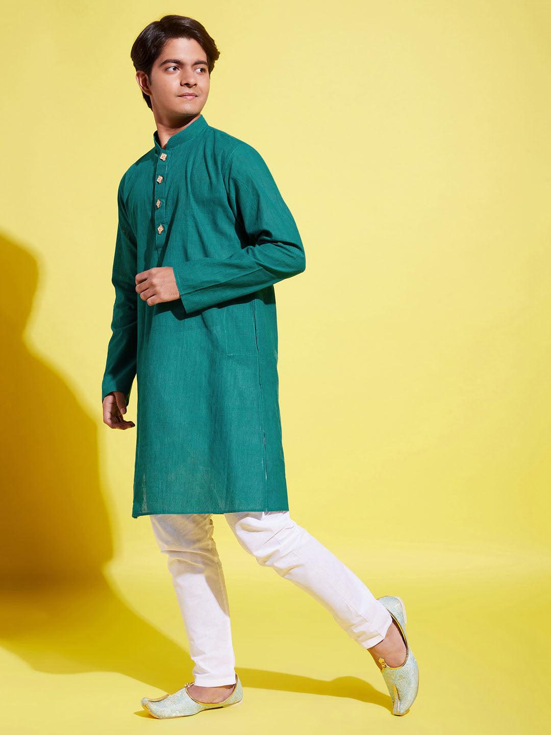 YUVA BY VASTRAMAY Boy's Green Cotton Kurta and Pyjama Set - qivii