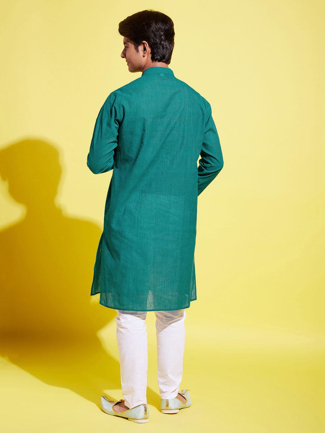 YUVA BY VASTRAMAY Boy's Green Cotton Kurta and Pyjama Set - qivii