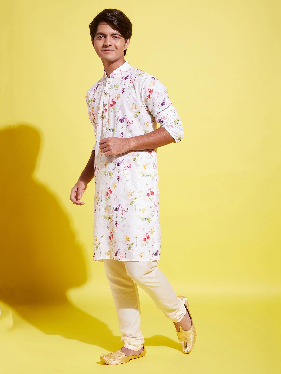 YUVA BY VASTRAMAY Boy's Printed Cream Cotton Blend Kurta and Pyjama Set - qivii