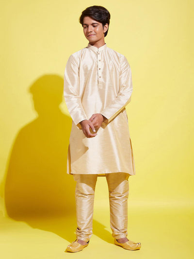 YUVA BY VASTRAMAY Boys' Gold Silk Blend Kurta and Pyjama Set - qivii