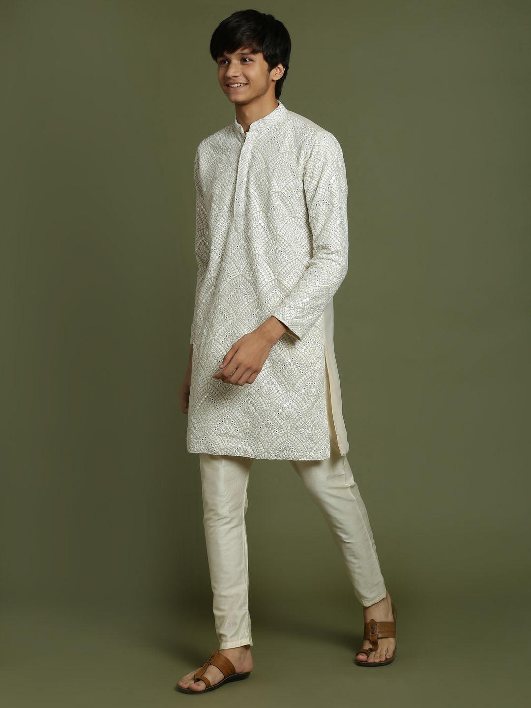 YUVA By VASTRAMAY Boys Grey Color Embroidered Kurta Pyjama Set - qivii