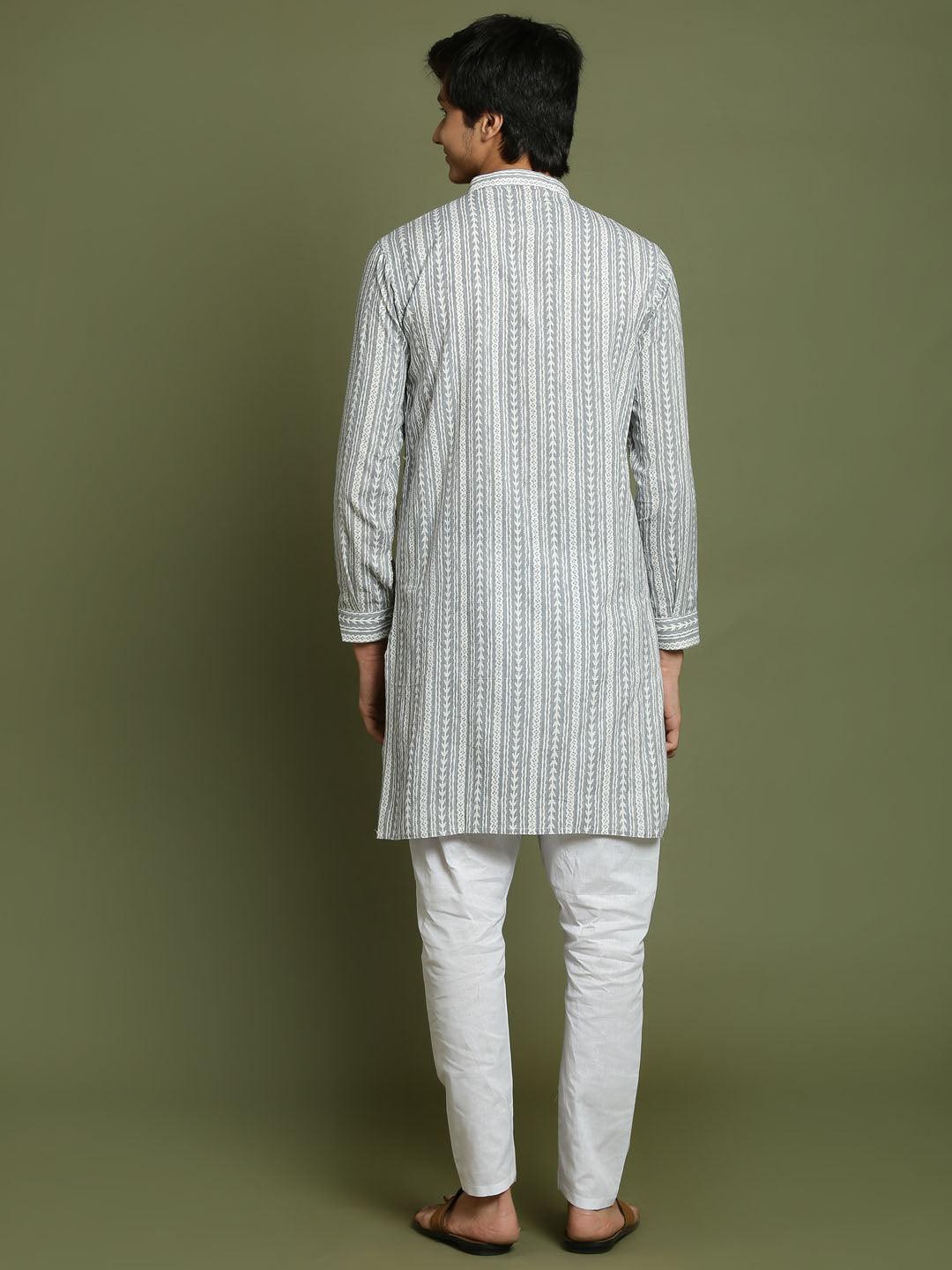 YUVA BY VASTRAMAY Boys' Grey Woven Kurta With White Pyjama Set - qivii