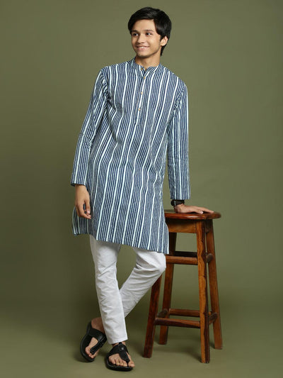 YUVA BY VASTRAMAY Boys' Indigo Blue Striped Kurta And Pyjama Set - qivii