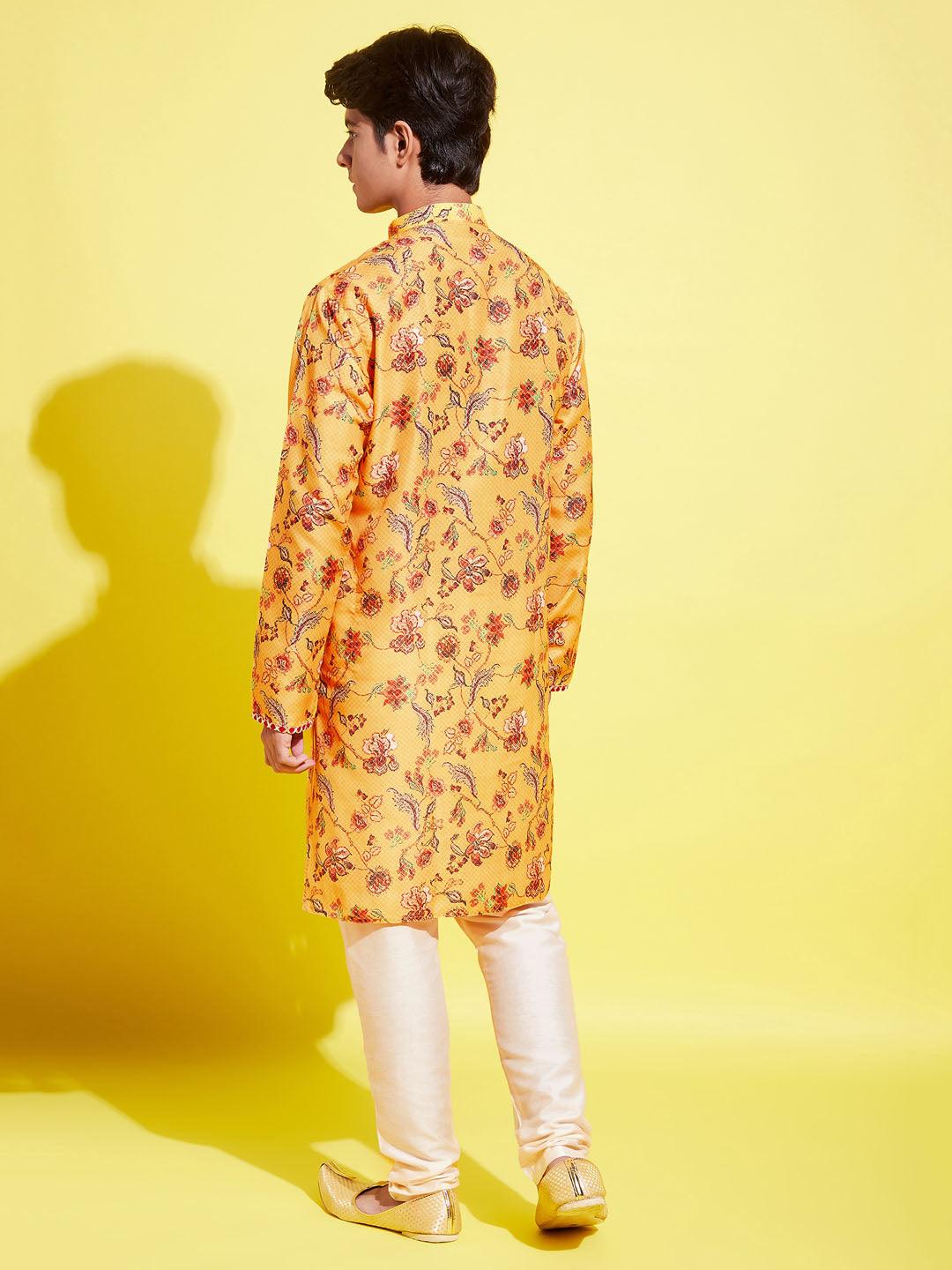 YUVA BY Vastramay Boys' Multicolor-Base-Mustard And Cream Kurta Pyjama Set - qivii
