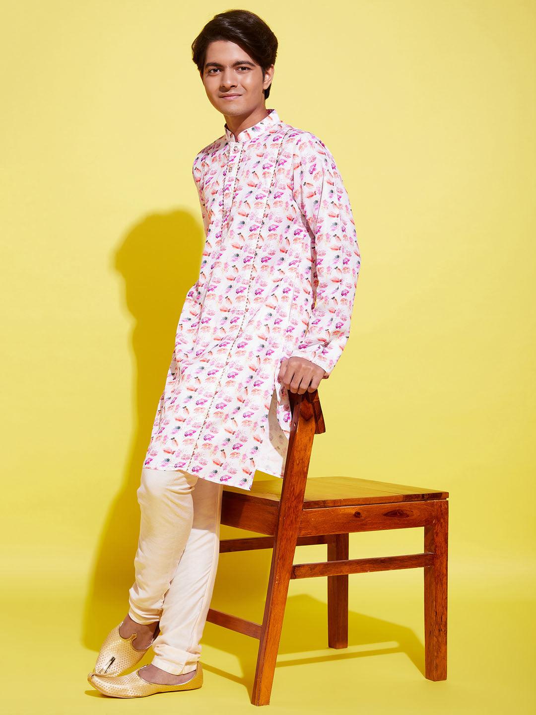 YUVA BY VASTRAMAY Boys Multicolor-Base-White Cotton Blend Kurta and Pyjama Set - qivii