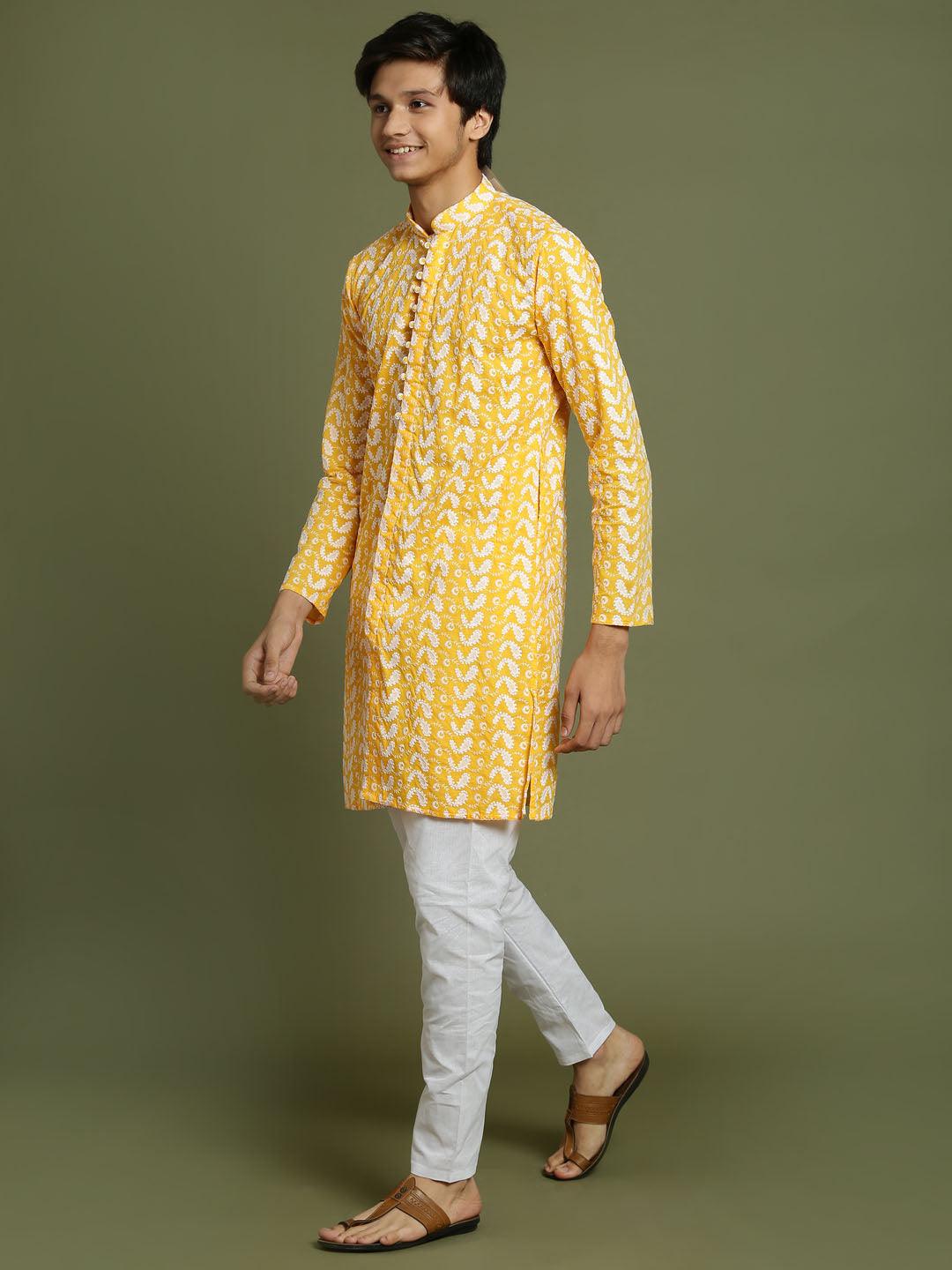 YUVA BY VASTRAMAY Boys' Orange Chaikankari Kurta With White Pyjama Set - qivii