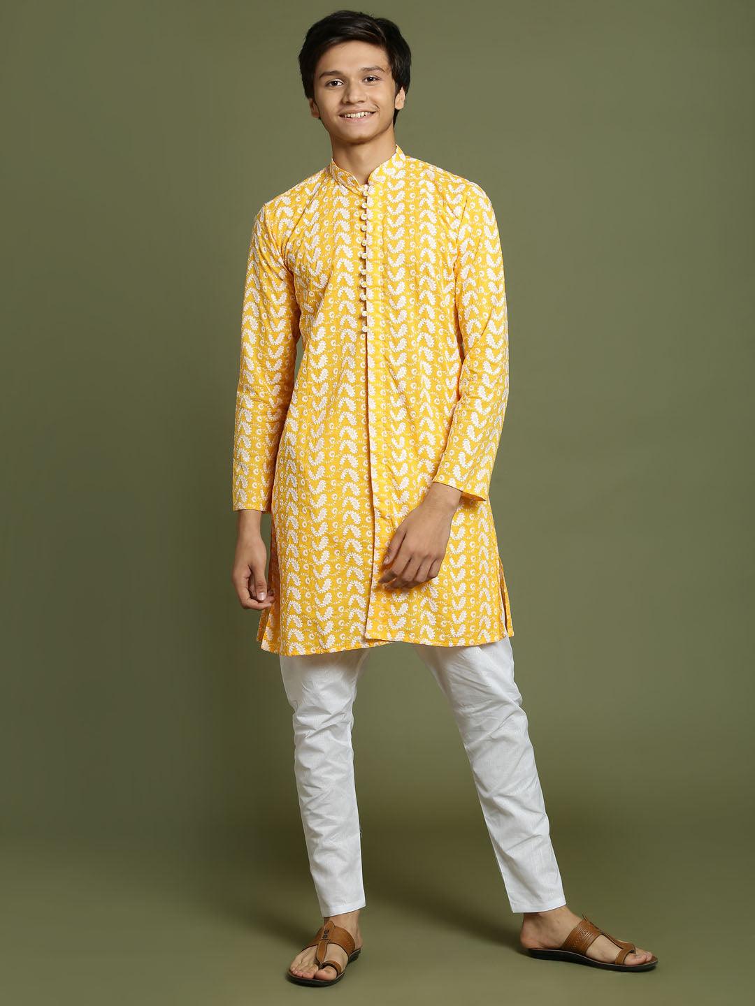 YUVA BY VASTRAMAY Boys' Orange Chaikankari Kurta With White Pyjama Set - qivii