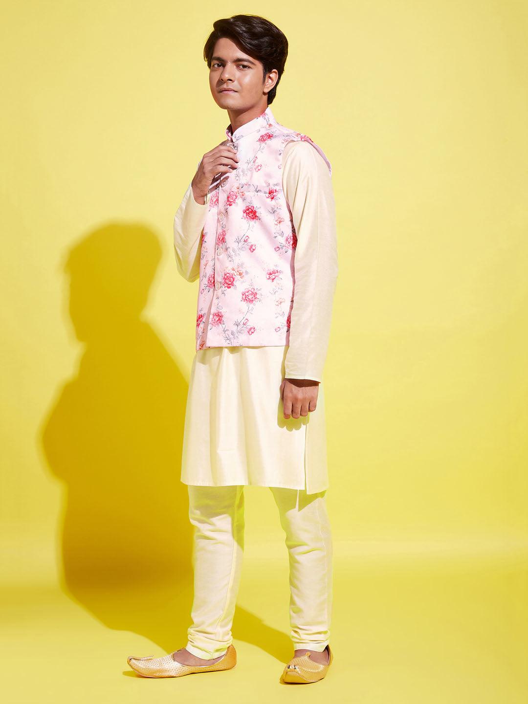 YUVA BY Vastramay Boys Peach Floral Printed Nehru Jacket With Cream Kurta And Pyjama Set - qivii