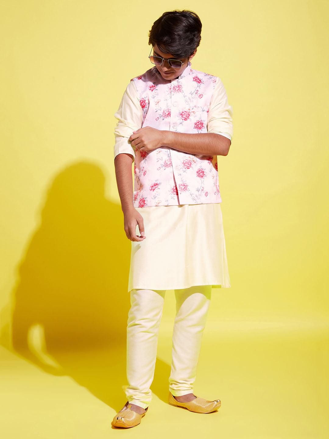 YUVA BY Vastramay Boys Peach Floral Printed Nehru Jacket With Cream Kurta And Pyjama Set - qivii