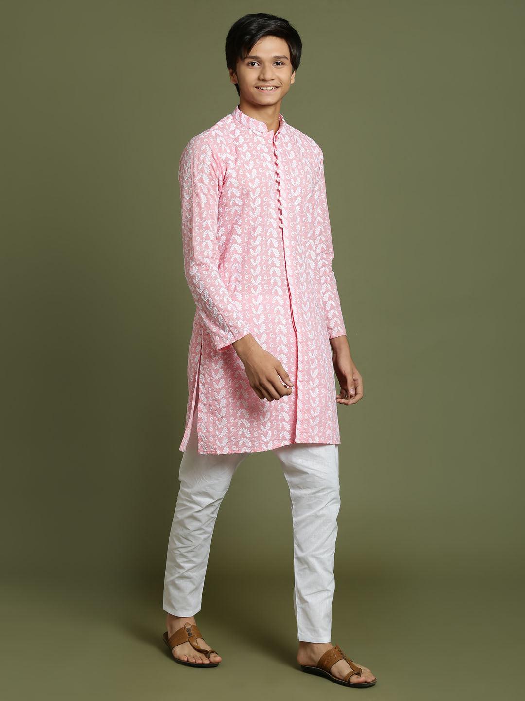 YUVA BY VASTRAMAY Boys' Pink Chaikankari Kurta With White Pyjama Set - qivii