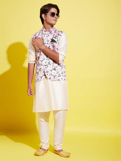 YUVA BY Vastramay Boys Pink Floral Printed Nehru Jacket With Cream Kurta And Pyjama Set - qivii