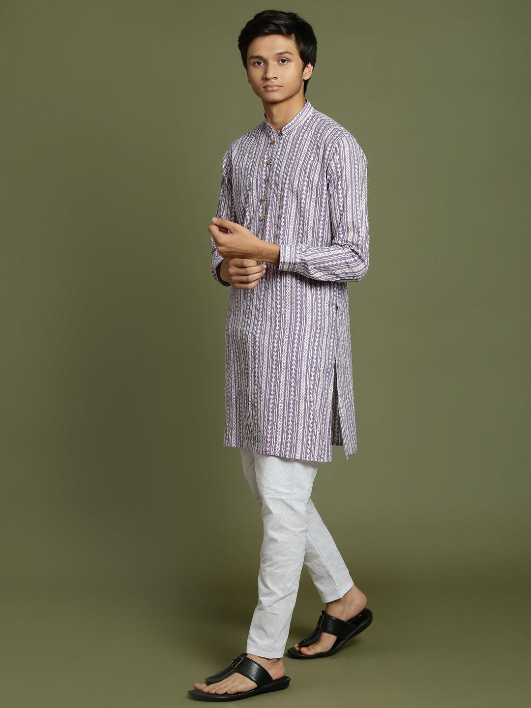 YUVA BY VASTRAMAY Boys' Purple Woven Kurta With White Pyjama Set - qivii