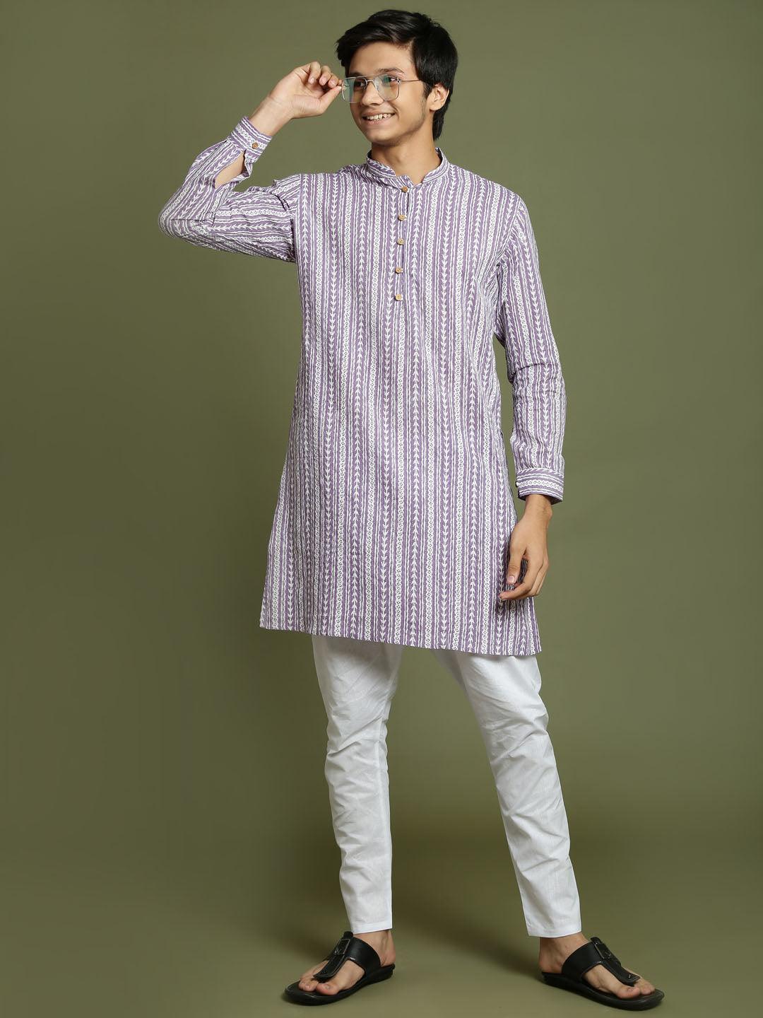 YUVA BY VASTRAMAY Boys' Purple Woven Kurta With White Pyjama Set - qivii