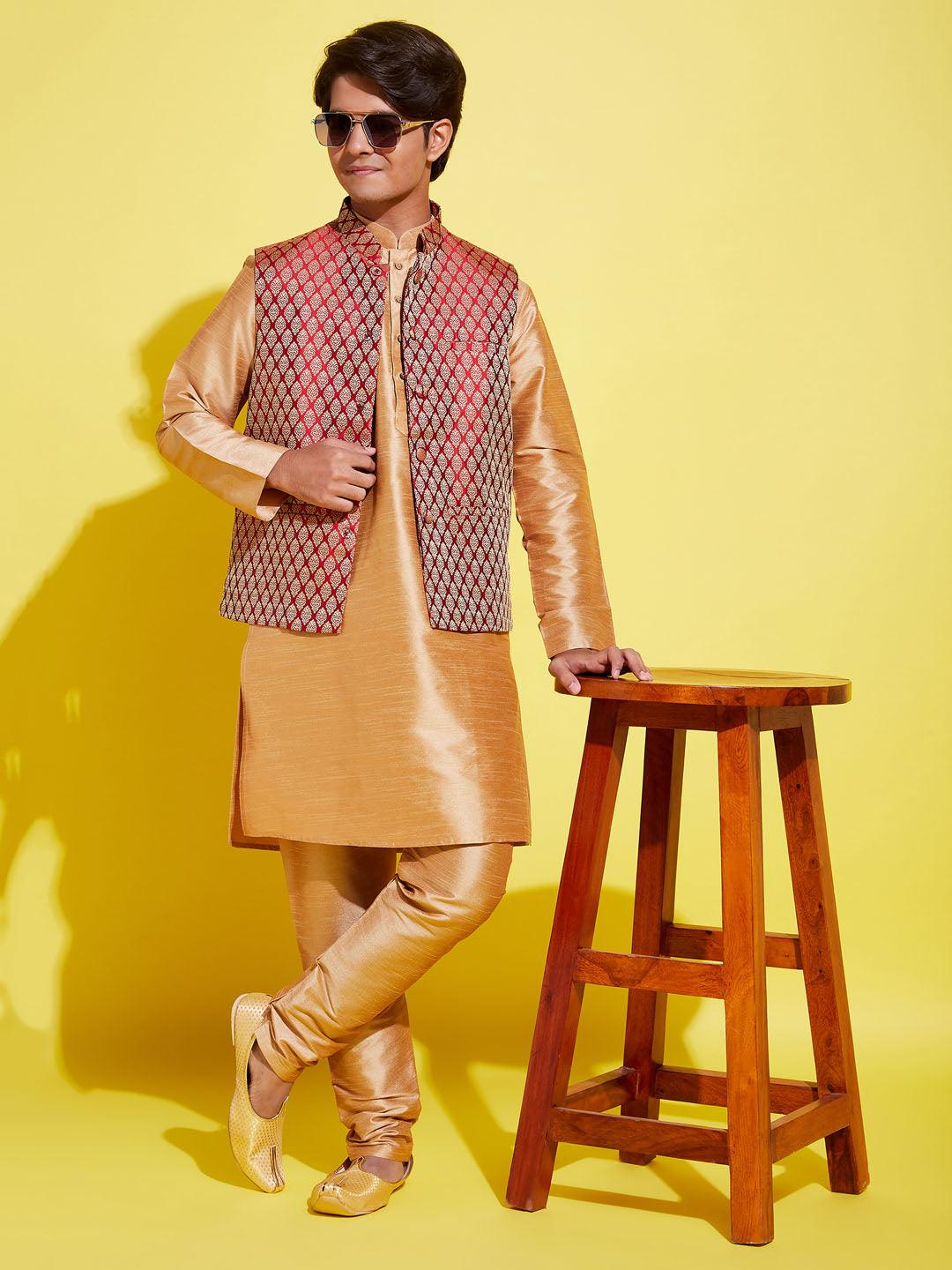 YUVA BY VASTRAMAY Boys' Rose Gold Silk Blend Kurt Pyjama And Maroon Nehru Jacket Set - qivii