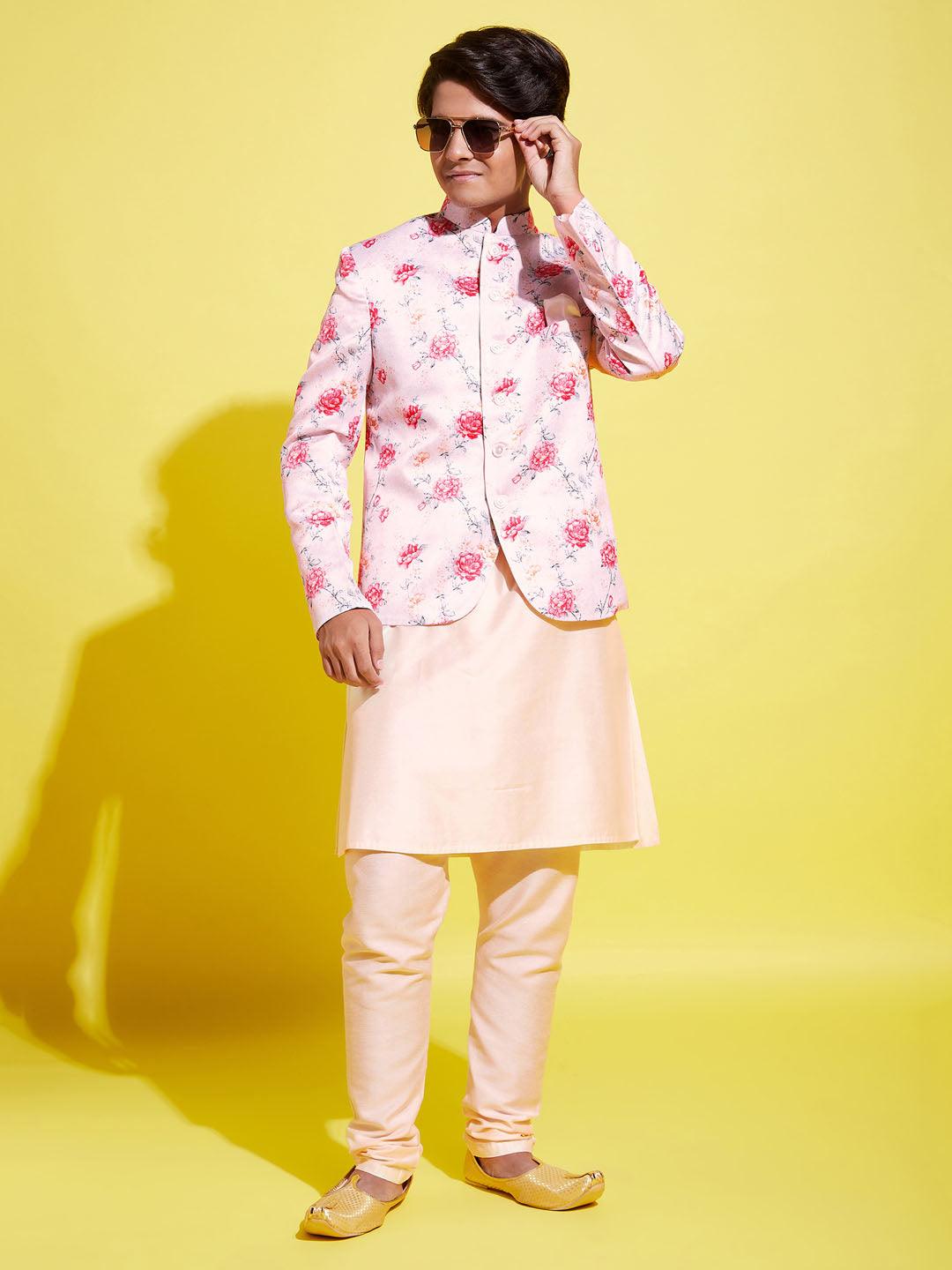 YUVA BY VASTRAMAY Floral Printed Peach Bandhgala Prince Coat Jodhpuri With Cream Kurta Pyjama Set - qivii