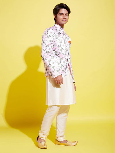 YUVA BY VASTRAMAY Floral Printed Pink Bandhgala Prince Coat Jodhpuri With Cream Kurta Pyjama Set - qivii
